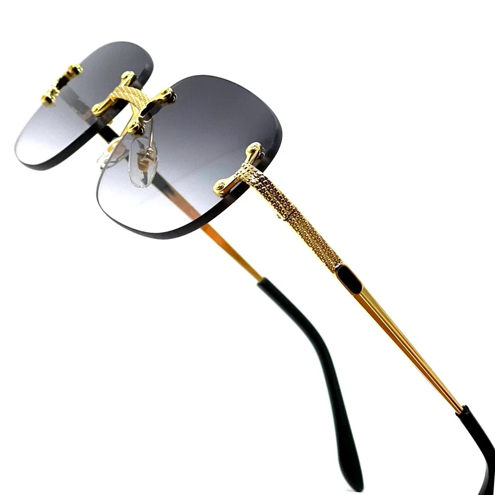 Rimless Sunglasses Men Rectangle Gold Frame Blue‎ Lens Fashion Shades